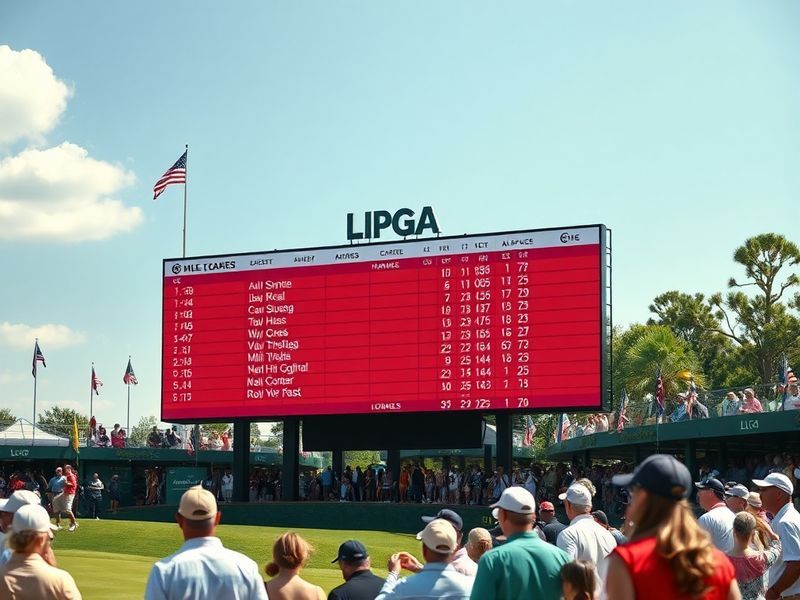 A vibrant image of LPGA players in action on a sunny golf course, with a leaderboard overlay showing top rankings and dynamic