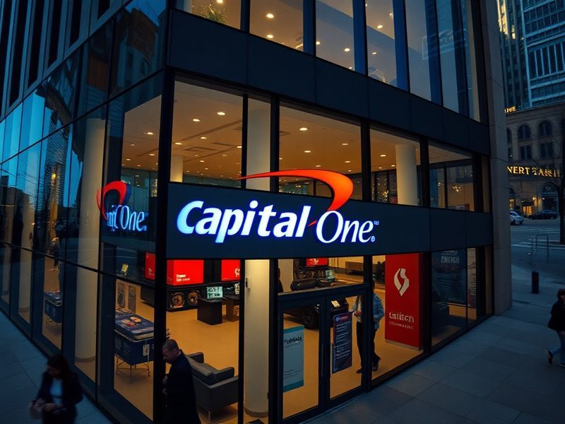 A modern Capital One bank branch designed like a café, featuring customers using laptops and mobile devices, with a barista i