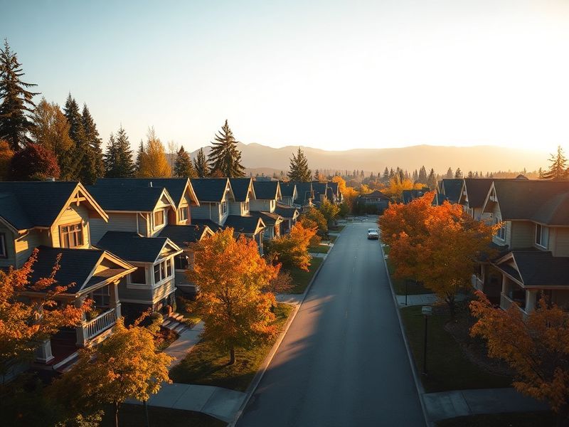 Aerial view of a classic Los Angeles neighborhood at dusk, featuring mid-century homes, palm trees, and a bustling street bel