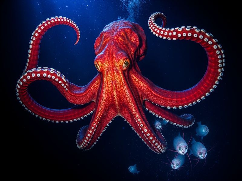 A close-up of a giant Pacific octopus in its natural habitat, with its tentacles spread wide and its skin displaying a dynami