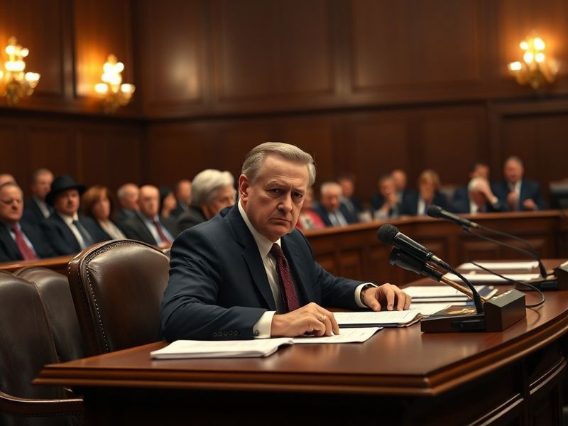 A courtroom sketch-style illustration of Roy Moore speaking at a podium, with a gavel and legal documents visible on a table.