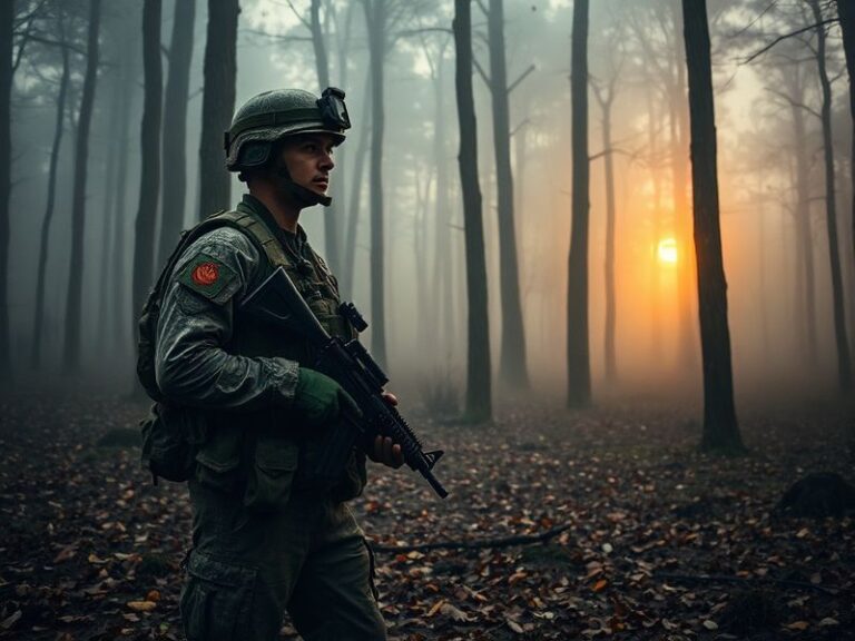 A soldier in camouflage gear assisting civilians in a disaster relief operation, with a humanitarian aid truck in the backgro
