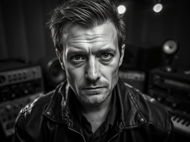 A portrait of Mariusz Duda performing live on stage, holding a bass guitar with a focused expression. The background features