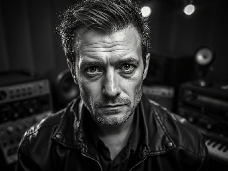 A portrait of Mariusz Duda performing live on stage, holding a bass guitar with a focused expression. The background features