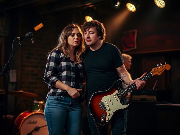 A candid photo of Morgan Wallen and Ella Langley performing together on stage at an intimate Nashville venue, with warm stage