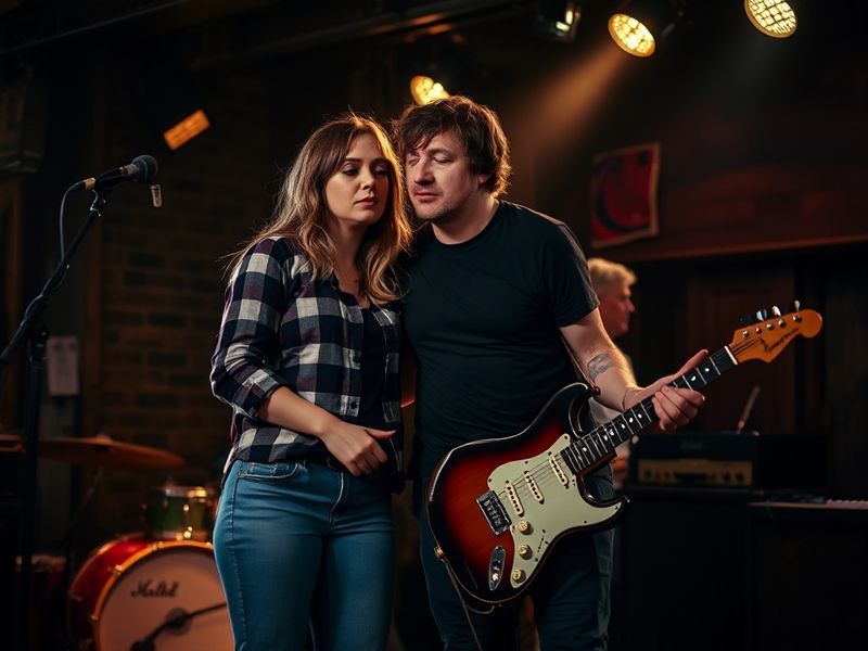 A candid photo of Morgan Wallen and Ella Langley performing together on stage at an intimate Nashville venue, with warm stage