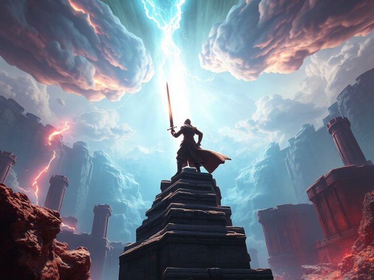 A vibrant in-game scene featuring the Warrior of Light character standing atop a futuristic cityscape during the Endwalker ex