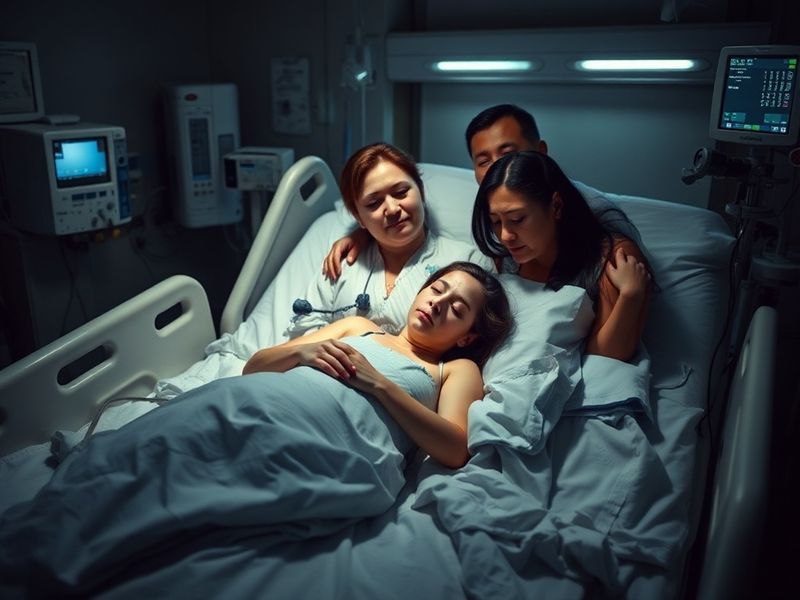 A serene hospital room with soft lighting, featuring a bouquet of flowers and a Get Well Soon card on a bedside table, convey