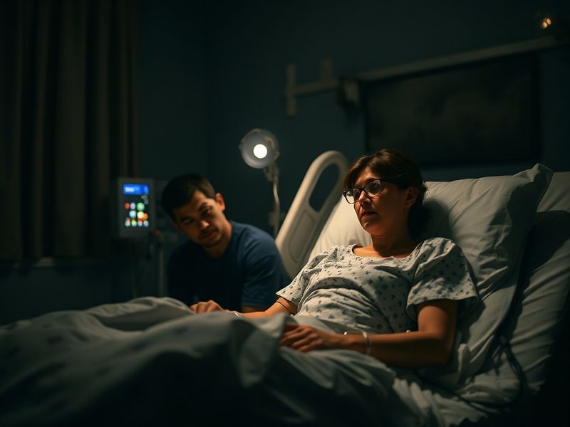A professional portrait of Sarah Danh in a hospital bed, surrounded by medical equipment and subtle lighting to convey a mood