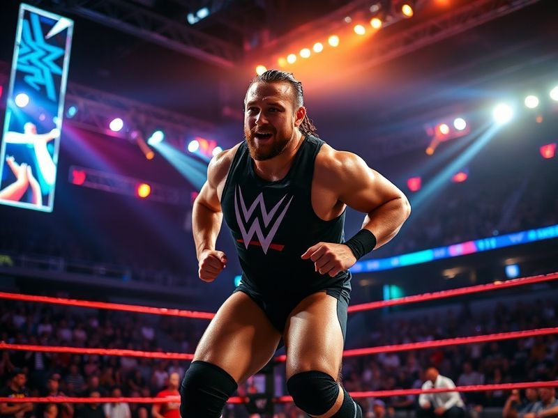 A split-screen image showing a WWE wrestler walking out of a locker room on one side and a packed wrestling arena on the othe