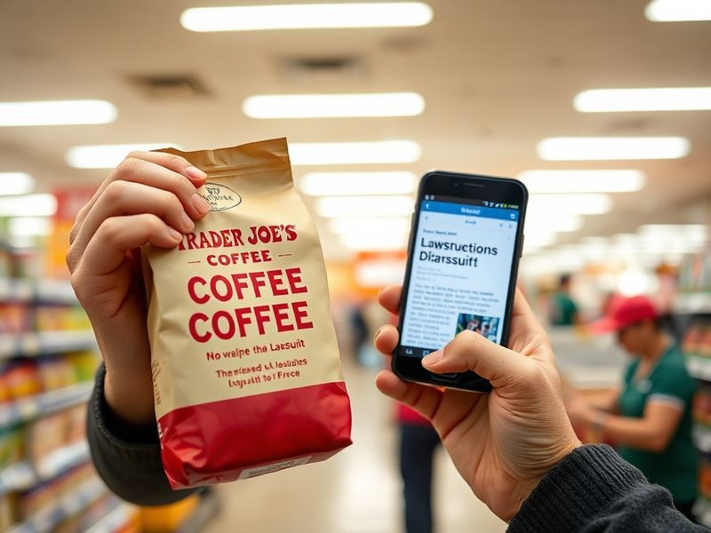 A Trader Joe's store aisle with coffee products on shelves, featuring close-ups of Moroccan Mint and Kenyan Nyeri coffee pack
