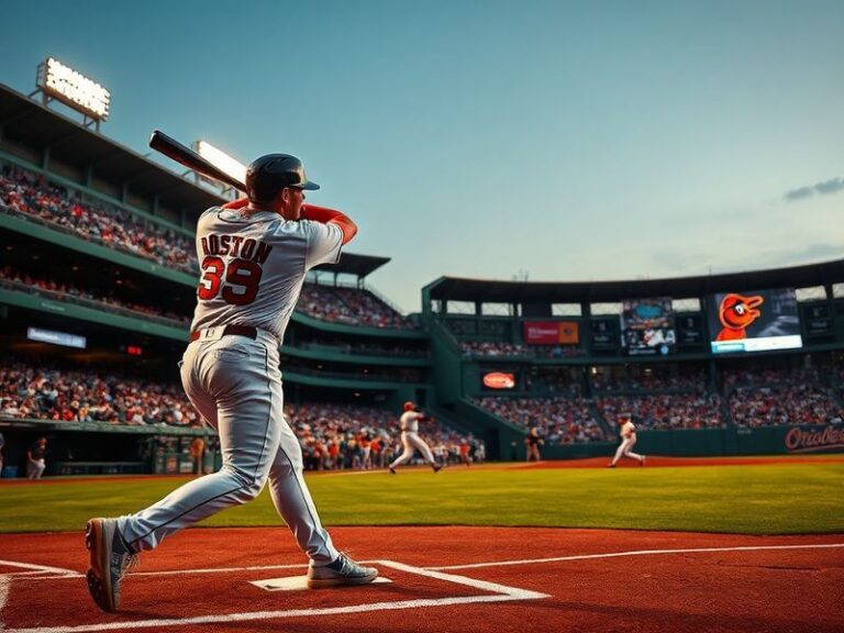 A high-energy baseball game at Camden Yards between the Red Sox and Orioles, with players in action, fans cheering in the sta