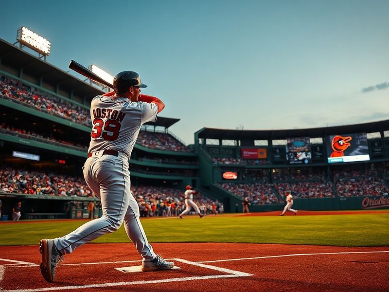 A high-energy baseball game at Camden Yards between the Red Sox and Orioles, with players in action, fans cheering in the sta