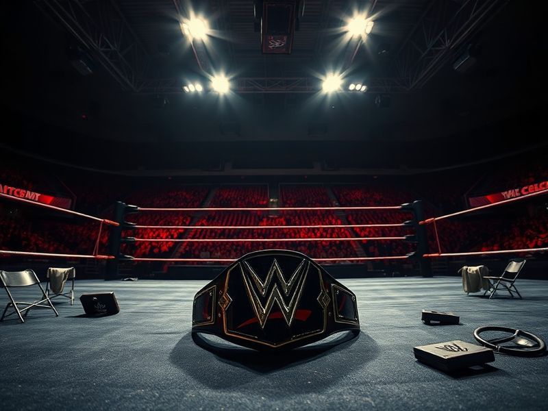 A split-image collage showing a WWE wrestler backstage (left side, emotional expression) and a corporate office meeting (righ