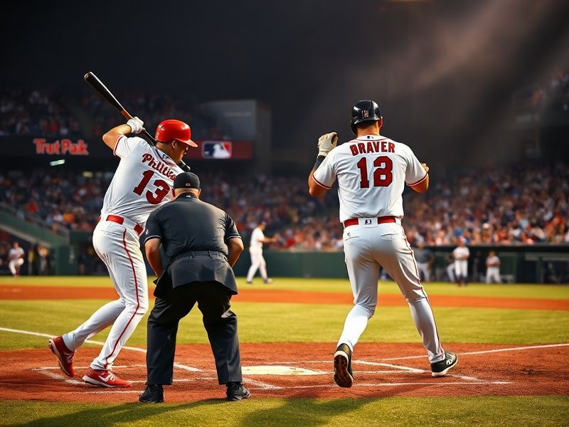A packed stadium during a Phillies vs Braves game, with players in mid-action, bright stadium lights, and fans in team colors