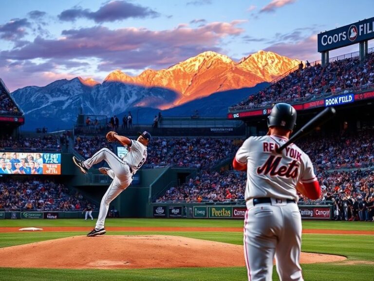 A baseball game at Coors Field during sunset, with the Rockies and Mets on the field. The pitcher is in mid-delivery, the bat