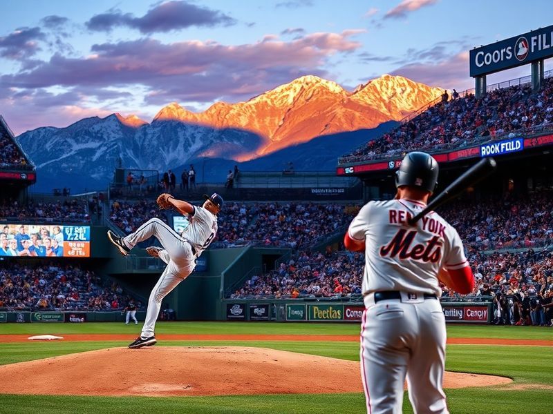 A baseball game at Coors Field during sunset, with the Rockies and Mets on the field. The pitcher is in mid-delivery, the bat