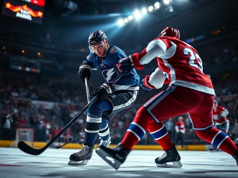 A split-screen image showing both teams in action: the Lightning in their blue home jerseys with Kucherov and Point on offens
