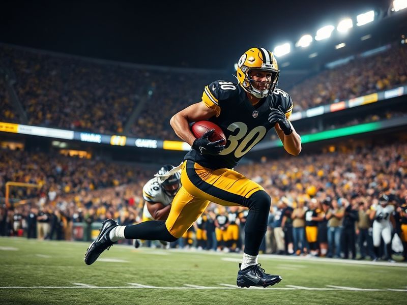 James Conner in mid-stride during a 2023 Steelers game, wearing his black and gold uniform, with a determined expression and