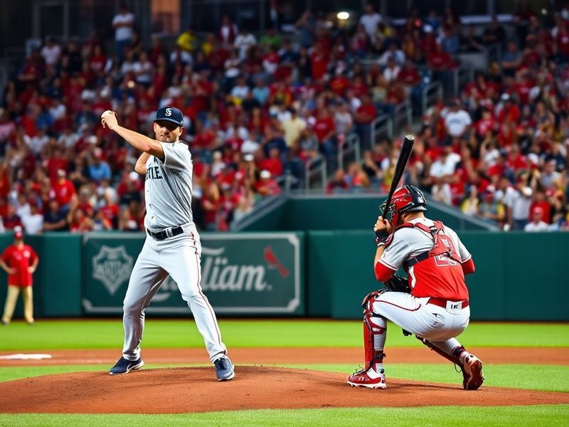 A dynamic shot of a baseball game between the Seattle Mariners and St. Louis Cardinals, featuring players in mid-action—Julio