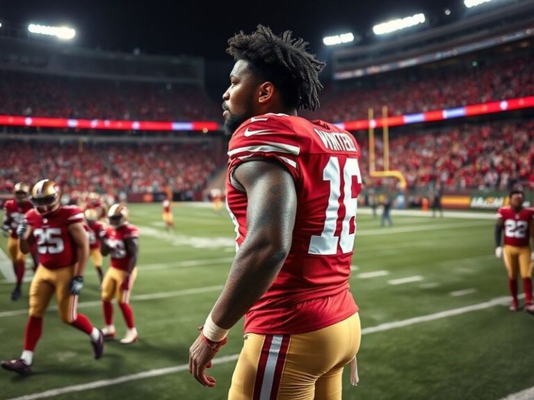 A dynamic action shot of Dee Winters in a 49ers uniform, mid-tackle during a game, with the stadium blurred in the background