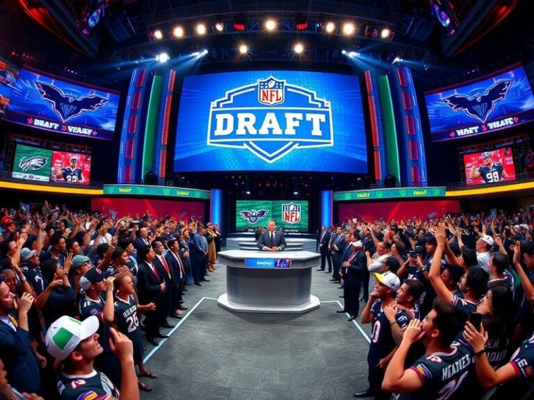 A split-screen image showing a live NFL Draft tracker interface on a smartphone next to a stadium crowd cheering during the d