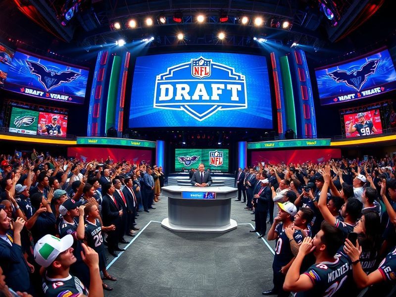 A split-screen image showing a live NFL Draft tracker interface on a smartphone next to a stadium crowd cheering during the d