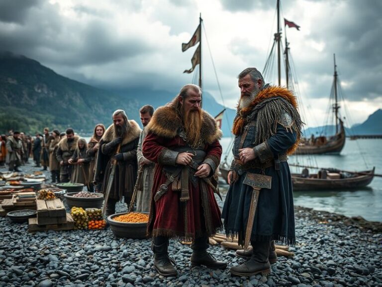 A bustling Viking trading post with longships docked, merchants bartering in a marketplace, and stalls displaying furs, amber