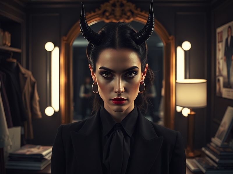 A stylish scene from The Devil Wears Prada featuring Meryl Streep as Miranda Priestly in a sleek black coat, surrounded by fa