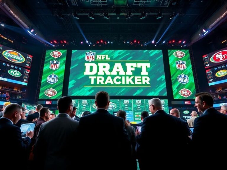 A split-screen image showing a live NFL Draft tracker dashboard on a laptop screen with a football stadium in the background,