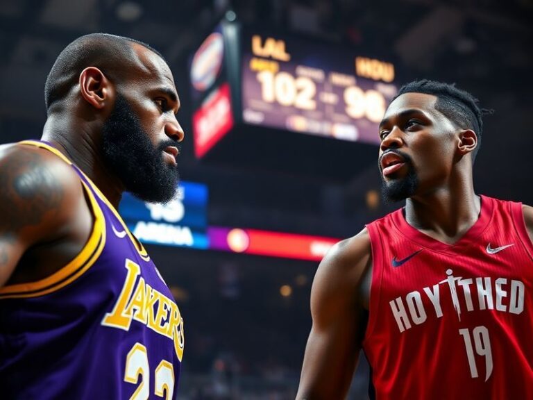 A dynamic NBA basketball court with the Los Angeles Lakers and Houston Rockets players in action. The scene captures the inte