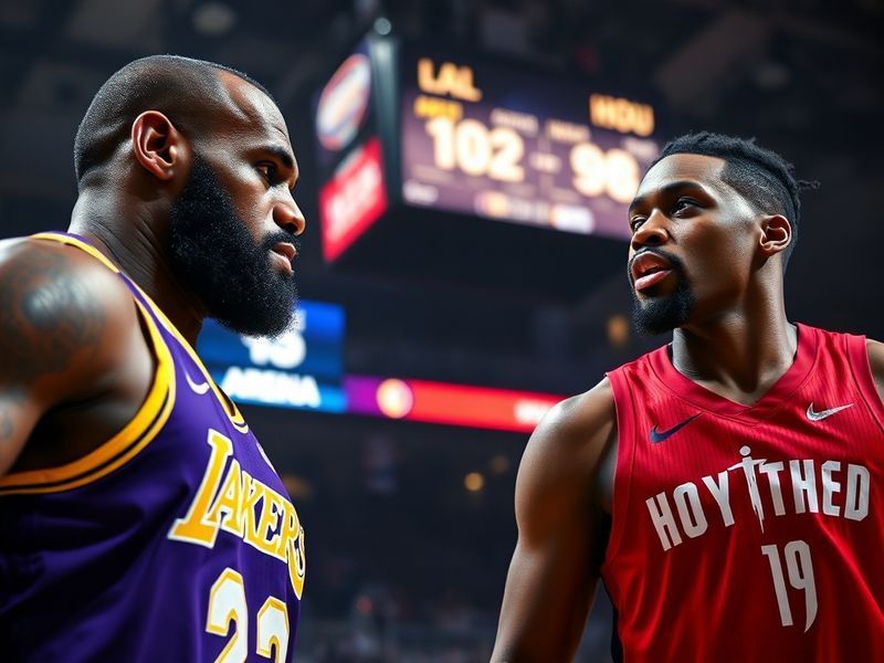 A dynamic NBA basketball court with the Los Angeles Lakers and Houston Rockets players in action. The scene captures the inte