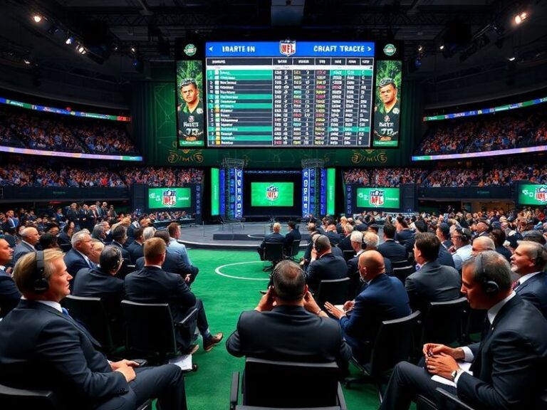 A split-screen of a football stadium draft stage on one side and a smartphone displaying a live NFL Draft tracker on the othe