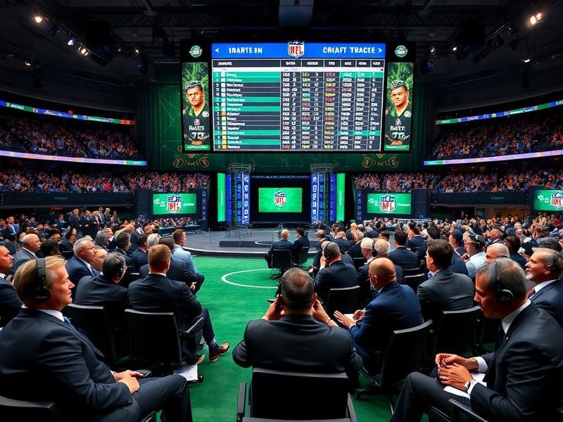A split-screen of a football stadium draft stage on one side and a smartphone displaying a live NFL Draft tracker on the othe