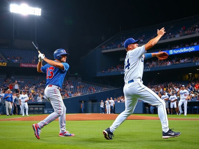 A split-screen image of Wrigley Field during a Cubs game on one side and Dodger Stadium under bright lights on the other, wit