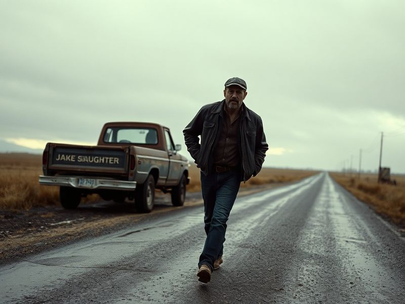 A candid shot of Jake Slaughter in character as Detective Marcus Cole, wearing a worn leather jacket and intense expression,