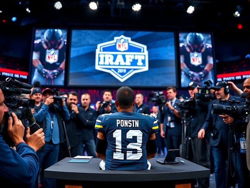 A split-screen image showing a football draft room on one side with a digital tracker dashboard on the other. The draft room