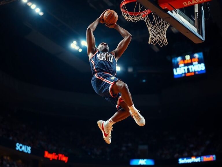 A dynamic action shot of a tall basketball player in mid-air, wearing a white and purple uniform, executing a layup against d