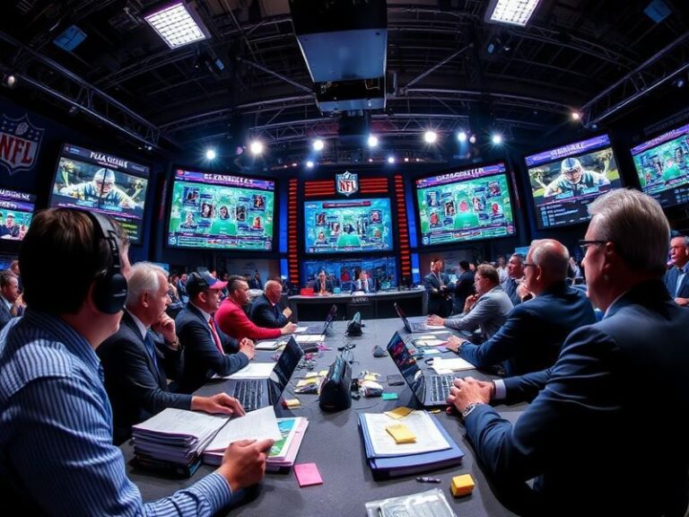 A split-screen image showing a laptop displaying an NFL Draft Tracker dashboard alongside a smartphone with real-time draft n