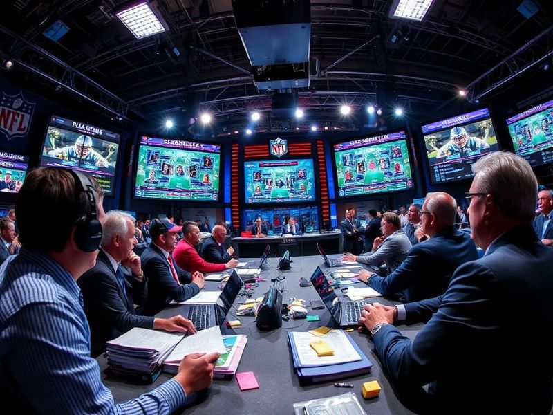A split-screen image showing a laptop displaying an NFL Draft Tracker dashboard alongside a smartphone with real-time draft n
