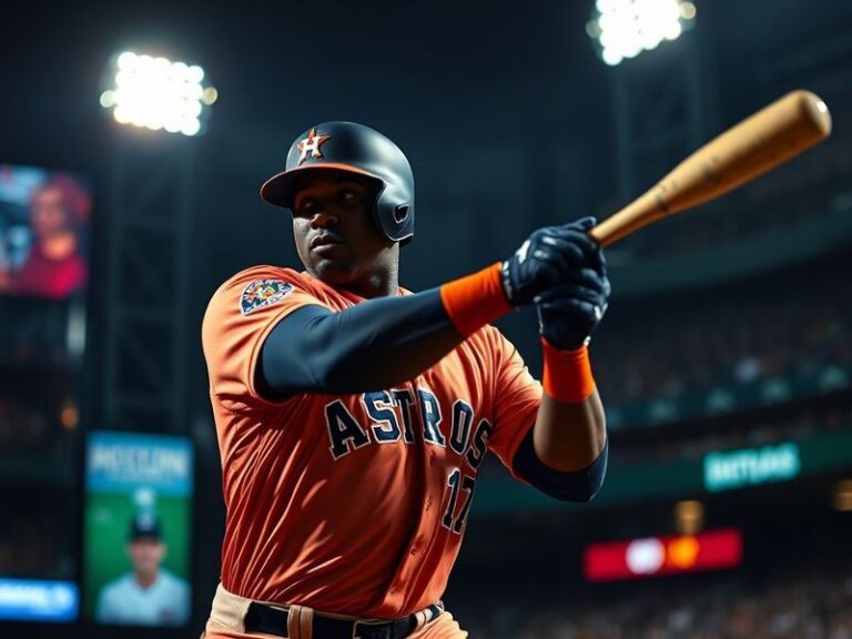 A dynamic action shot of Yordan Alvarez mid-swing at Minute Maid Park, bat blurred from speed, crowd in background, stadium l