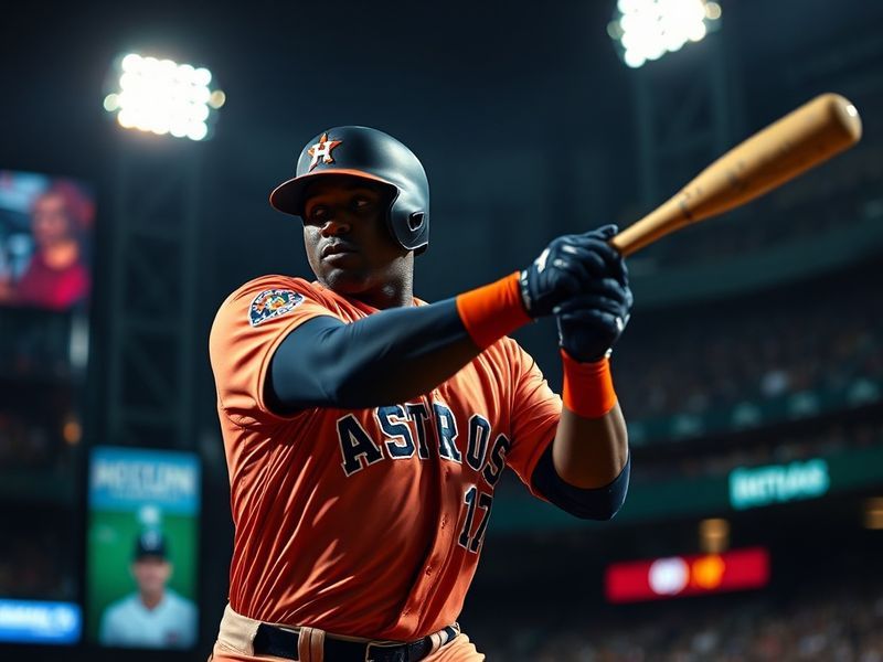 A dynamic action shot of Yordan Alvarez mid-swing at Minute Maid Park, bat blurred from speed, crowd in background, stadium l