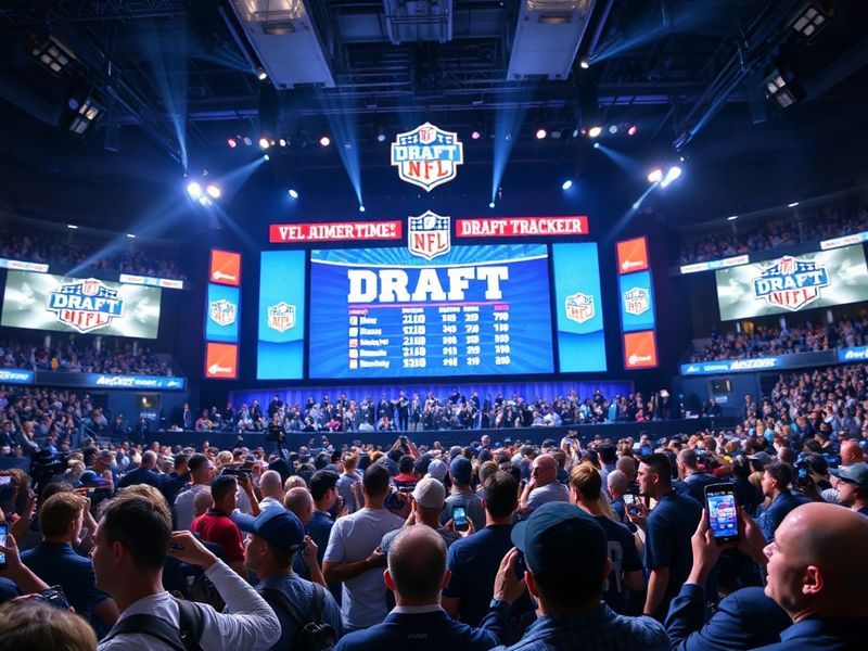 A split-screen image showing a digital NFL Draft tracker interface on one side and a global map with draft-related icons on t