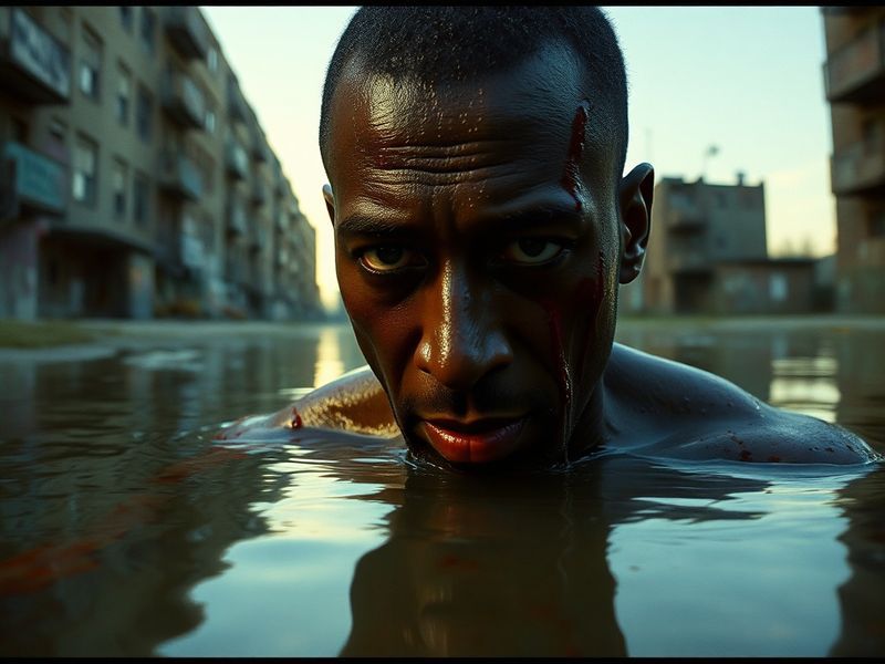 A dramatic portrait of Tony Todd in character as Candyman, standing in a shadowy alley with a hook hand visible. The mood is