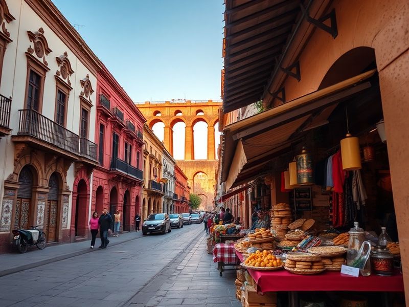A vibrant street scene in Puebla’s historic center, with colonial buildings, a bustling market, and a modern Audi dealership