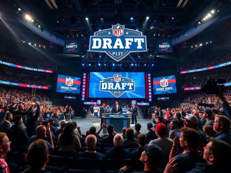 A split-screen image showing a draft board with team logos on one side and a modern analytics dashboard on the other, with a