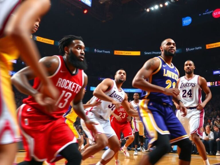 A high-energy NBA game between the Houston Rockets and Los Angeles Lakers, featuring players like Jalen Green and LeBron Jame