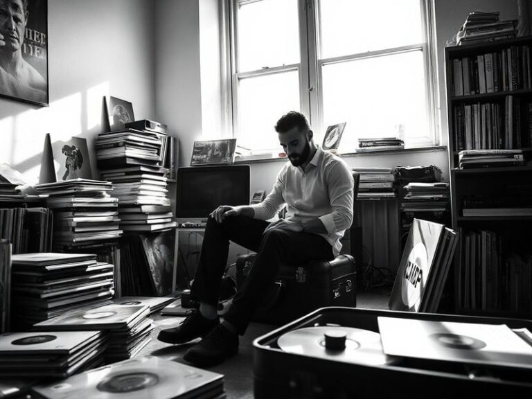 A candid photo of Julian Neal mid-laugh, wearing a casual outfit, in a cozy home studio setting with warm lighting and a lapt