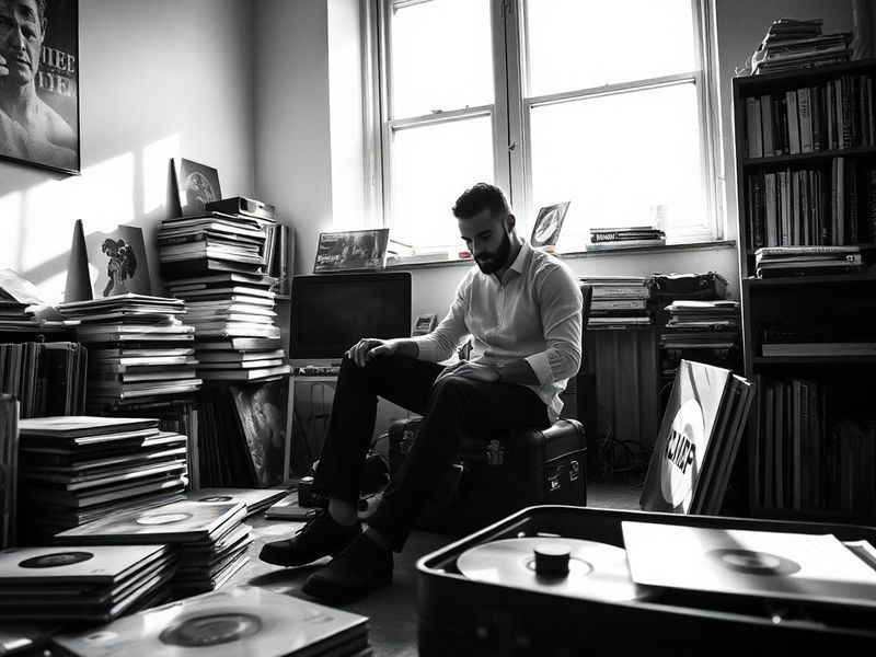 A candid photo of Julian Neal mid-laugh, wearing a casual outfit, in a cozy home studio setting with warm lighting and a lapt
