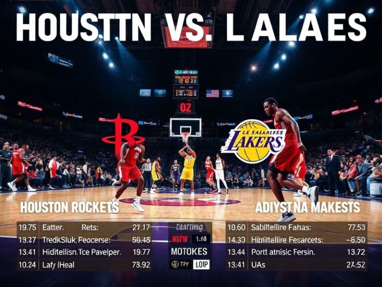 A high-energy NBA game between the Houston Rockets and Los Angeles Lakers, featuring James Harden and LeBron James in action,